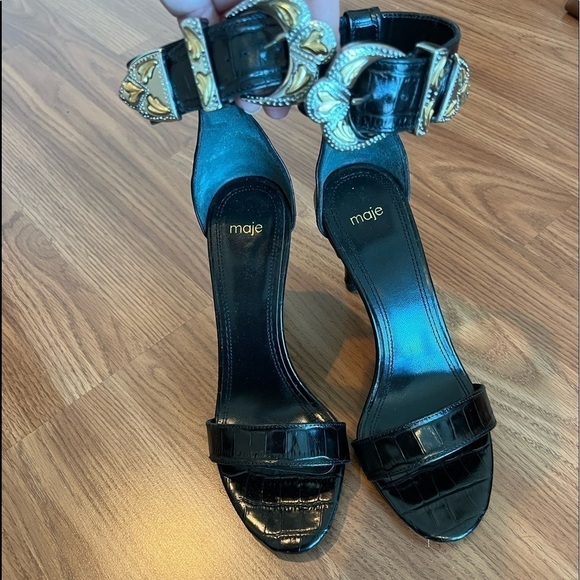 Maje Crocodile Embossed Buckle Heeled Sandals - Picture 4 of 13